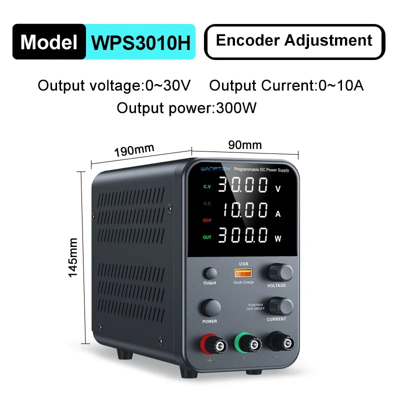 Adjustable DC power supply with 4-digit LED display, 5V/3.6A USB fast charging with encoder adjustment, output enable/disable