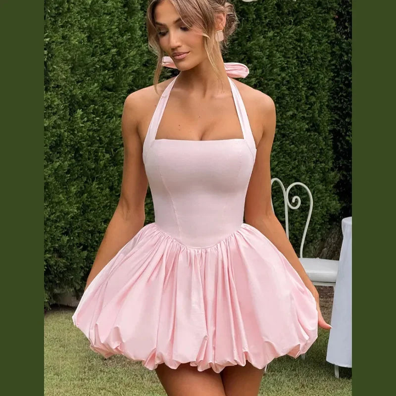 Sexy Lace-up Backless Pleated Halter Mini Dress Women Fashion Off Shoulder Puff Hem A-line Dresses 2025 Summer Lady Partywear