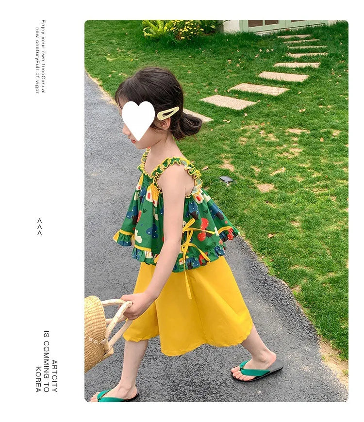 Children's Clothing Sets Cartoon Print Halter Top + Wide-leg Pants 2pcs Toddler Clothes for 2 To 7years Kids Boutique Clothes