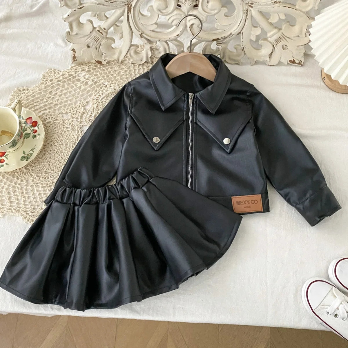Children's Clothing Set 2025 Kids Clothes Autumn New Cool Girls Pu Leather Jacket With Short Skirt Fashion Two-Piece Outfit Set