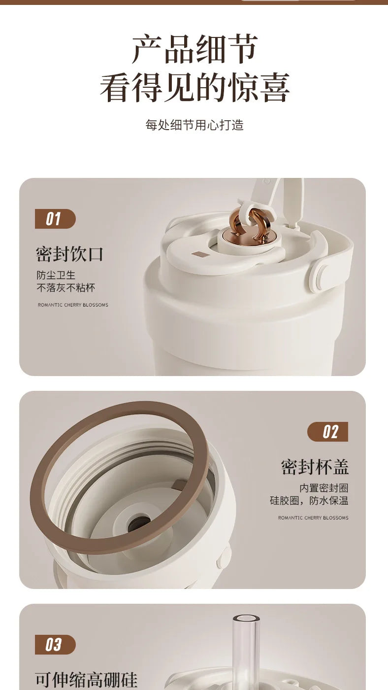 Large capacity ceramic inner pot insulated cup, women's office dual drink coffee cup, portable straw, car water cup
