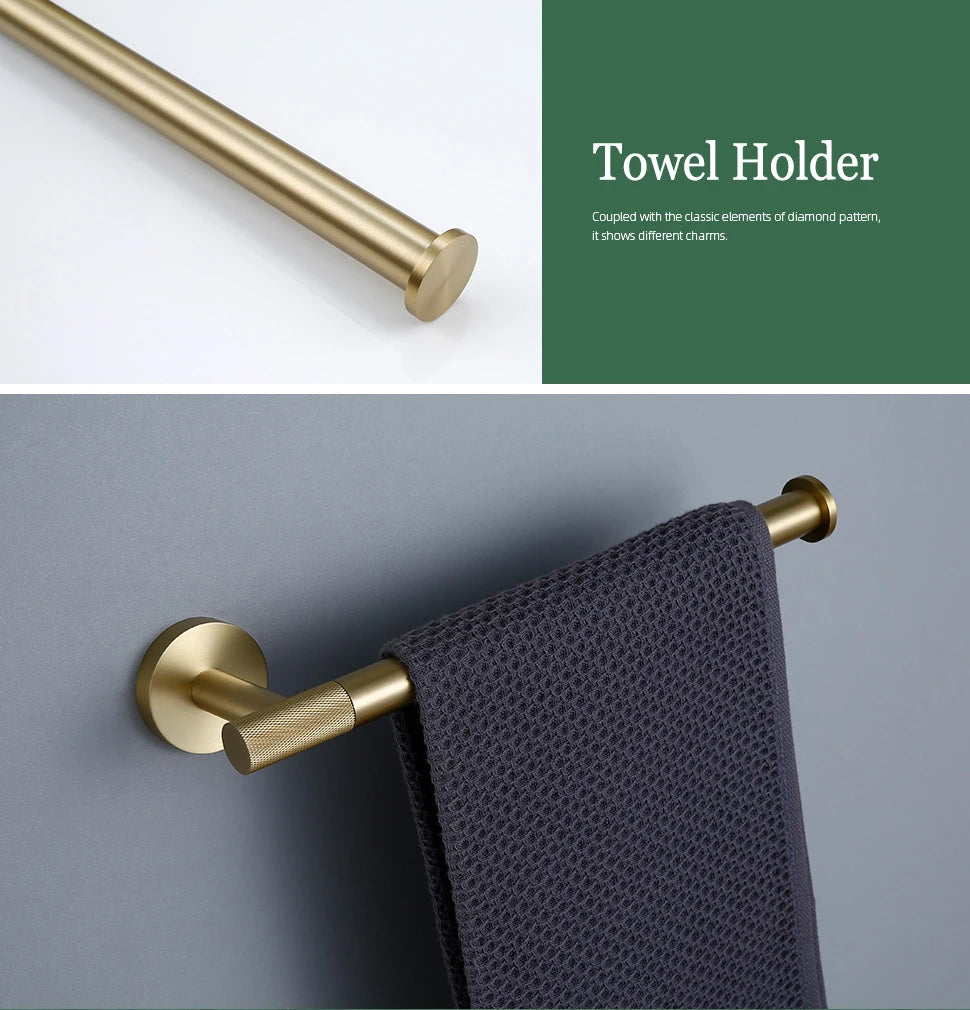Brushed Gold Bathroom Accessories Towel Bar Bath Robe Hook Brass Knurled Bathroom Hardware Set Shelf for Towels Paper Tissue Hol