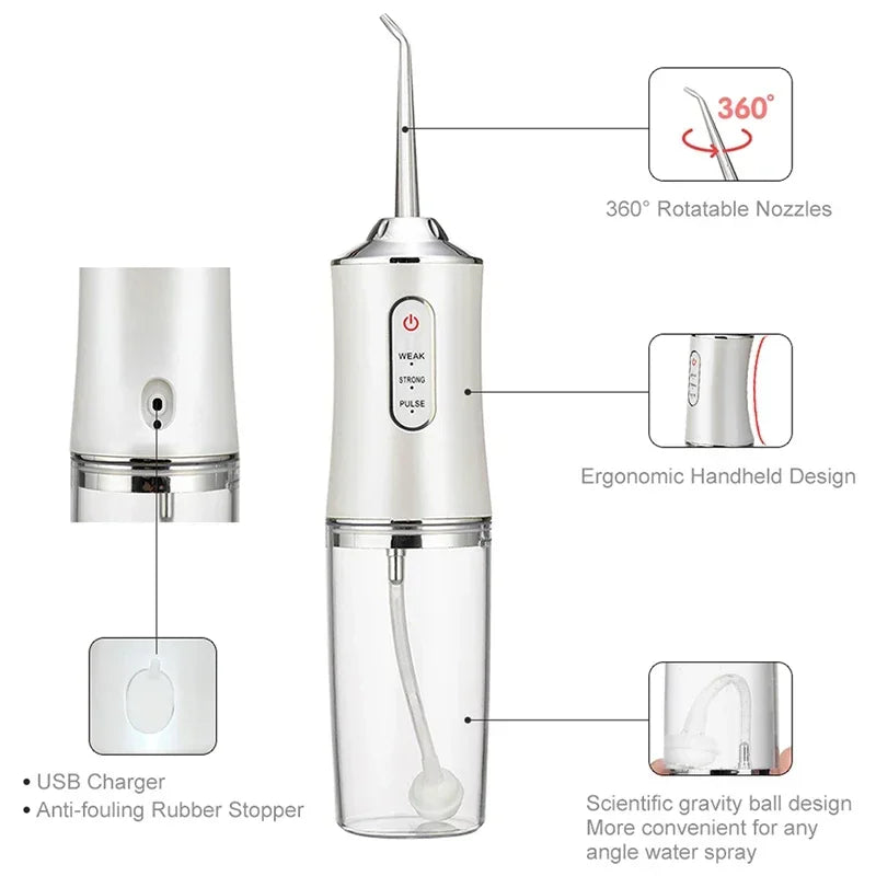 Portable Water Flosser w/ 4 Jet Tips & 3 Modes - Cordless Oral Irrigator for Teeth Cleaning, Braces Care, USB Rechargeable