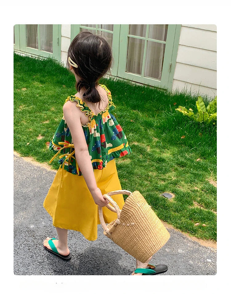 Children's Clothing Sets Cartoon Print Halter Top + Wide-leg Pants 2pcs Toddler Clothes for 2 To 7years Kids Boutique Clothes