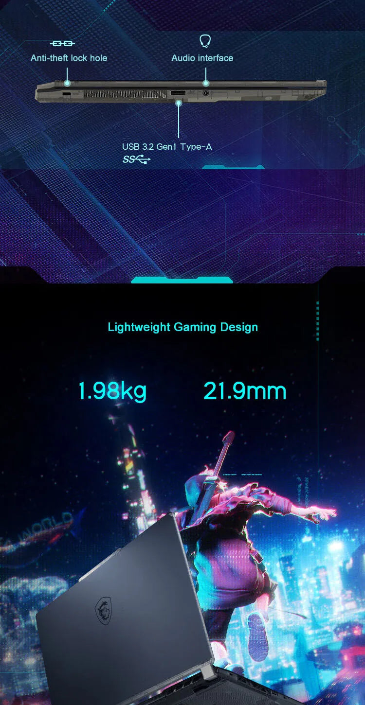 2024 MSI Cyborg 15 Gaming Laptop 15.6 Inch QHD 165Hz IPS Screen Netbook i7-13620H 16GB 512GB RTX4050 Gaming Notebook Computer