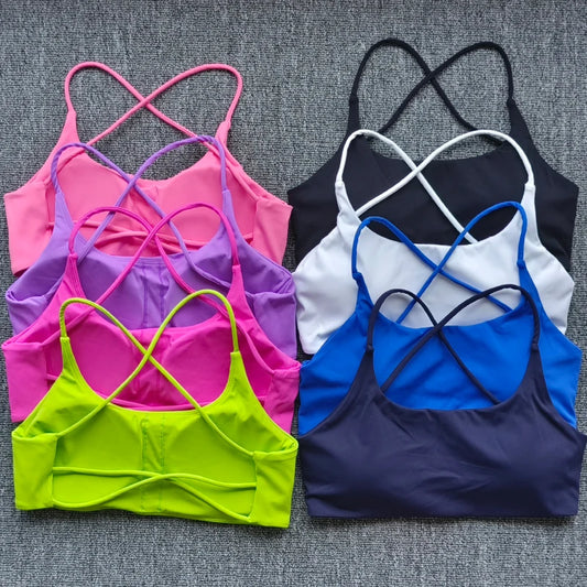 Color Solid Support Women Fitness Bra Yoga Vest Gym Sport Top Hollow back Push With Chest Pad Four Shoulder Straps Cross-back