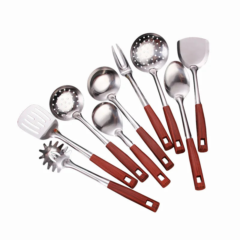 Wooden Handle Frying Spatula Tongue Spoon Stainless Steel BBQ Meat Fork Colander Home Cooking Pots Set Kitchen Accessories