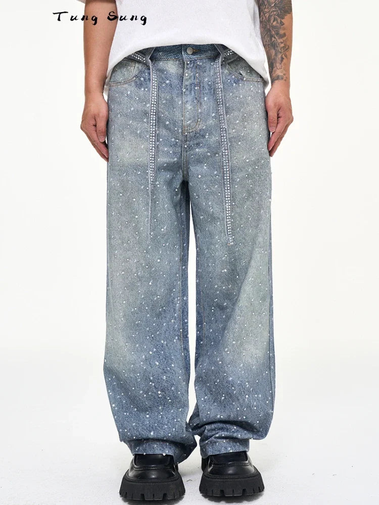 Tung Sung Full Diamond Printing Diamond Belt Wash Casual Loose Straight Jeans Hip Hop Y2k Men’s Jeans