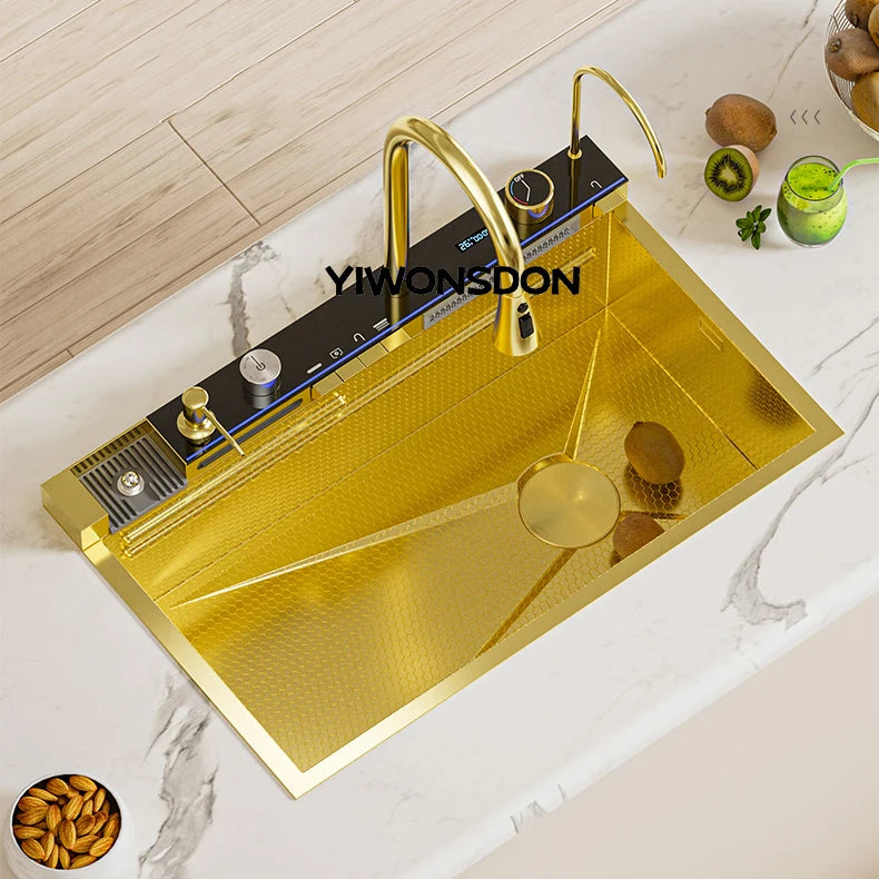 Nano Multifunctional Kitchen Sink Large Single Slot Integrated Digital Display Waterfall Faucet Soap Dispenser Cup Washer Pure