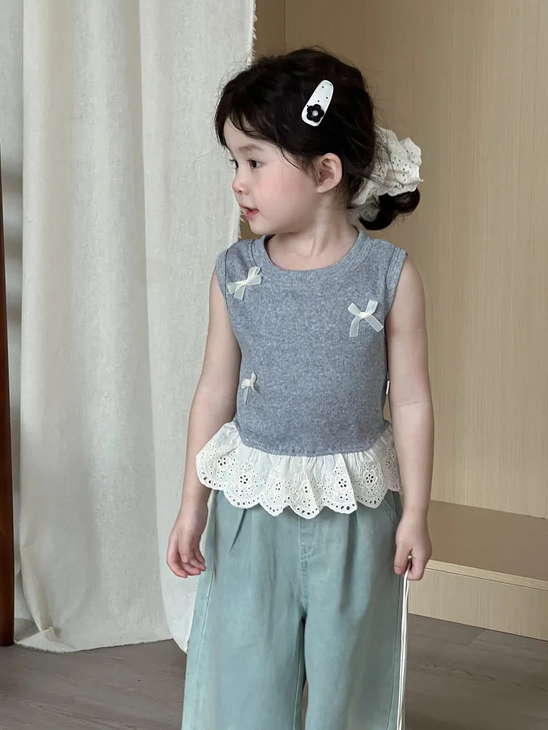 Children Clothes Girl 1-8 Y Baby Girls Clothes Cotton Sleeveless Top with Bowknot and Lace Trim Soft and Cute for Daily Wear