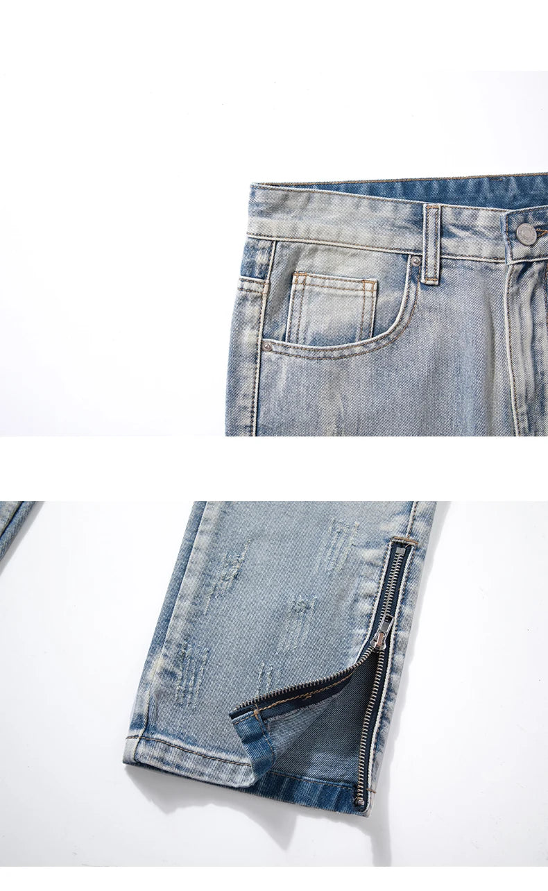 2024 Spring New Style Korean Style Men Fashionable Retro Street Jeans Zip Design on Trouser Legs Straight-leg Denim Pants Black