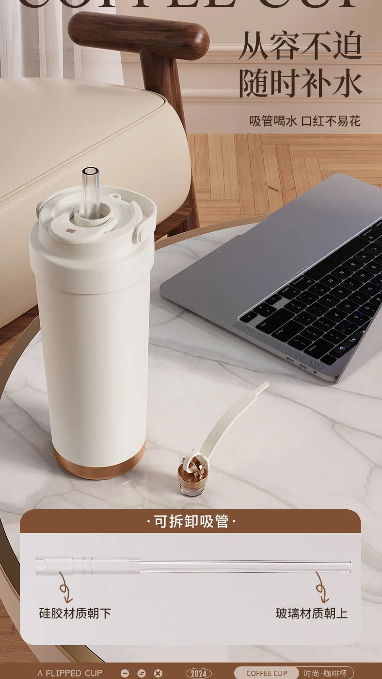 Large capacity ceramic inner pot insulated cup, women's office dual drink coffee cup, portable straw, car water cup