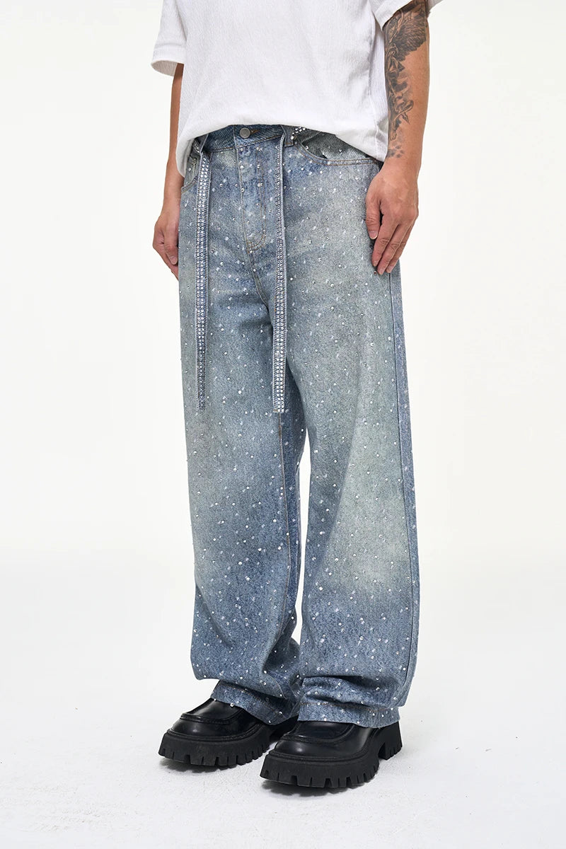 Tung Sung Full Diamond Printing Diamond Belt Wash Casual Loose Straight Jeans Hip Hop Y2k Men’s Jeans
