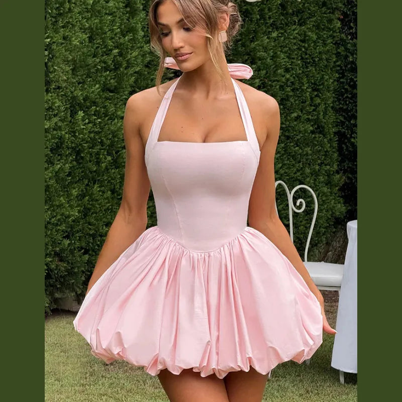 Elegant Pink Backless Pleated Lace-up Halter Mini Dress Women Off Shoulder Sleeve Puff Hem A-line Dresses Summer Lady Partywear