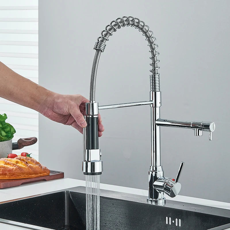 Chrome Spring Pull Down Kitchen Faucet Hot and Cold Water Deck Mounted Tap 360 Rotate Single Hole Single Handle
