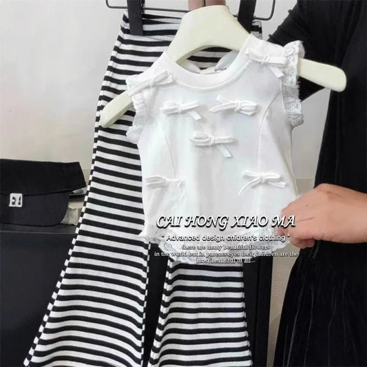 Children's Clothing Sets Bow-Detail Camisole + Striped Flared Trousers 2pcs Sets Toddler Girl Clothes Baby Girl Outfit Set