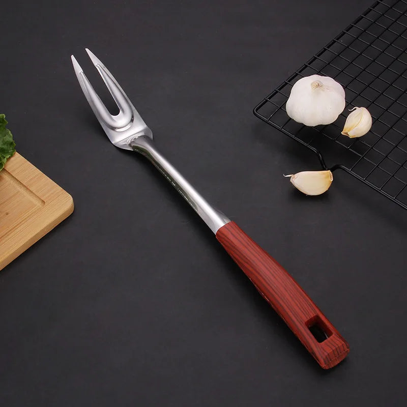 Wooden Handle Frying Spatula Tongue Spoon Stainless Steel BBQ Meat Fork Colander Home Cooking Pots Set Kitchen Accessories