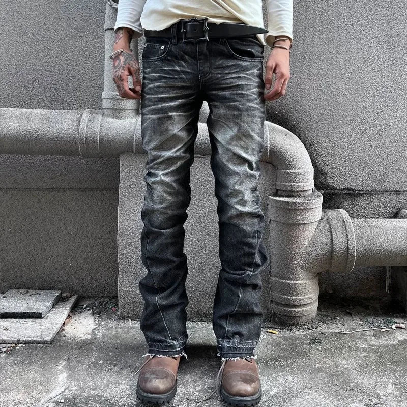 American High Street Men Jeans Y2K Retro Streetwear Embossed Crack Washing Old Loose Casual High Waist Straight Jeans