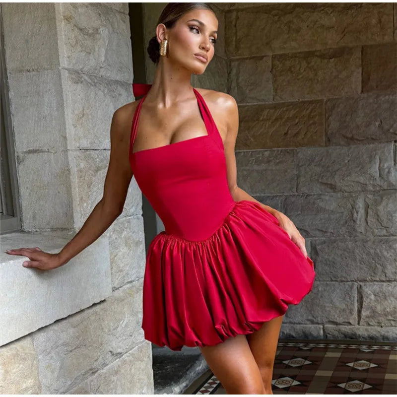 Elegant Pink Halter Pleated Mini Dress Women Lace-up Backless Off Shoulder Puff Hem A-line Short Gowns Summer Lady Party Robe