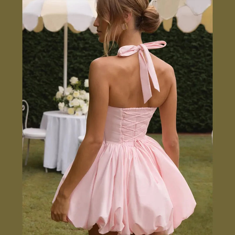 Elegant Pink Backless Pleated Lace-up Halter Mini Dress Women Off Shoulder Sleeve Puff Hem A-line Dresses Summer Lady Partywear