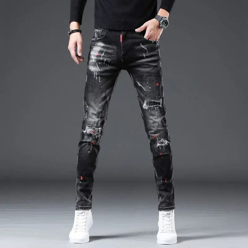 New Arrival Spring Autumn Denim Jeans for Men Slim Distressed Ripped Pants Paint Splatter Design Streetwear Luxury Slim Jeans
