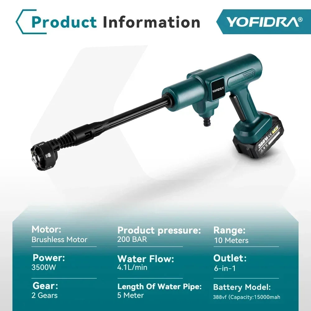 YOFIDRA 200Bar 3500W Brushless Electric High Pressure Washer 6in1 Car Washing Garden Water Spray Gun For Makita 18V Battery Pin