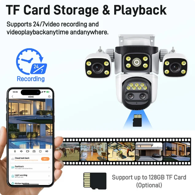 10K 20MP Home Security WiFi Camera Four Len Four Screen 360° PTZ 10X Zoom CCTV Wireless Surveillance IP Cam Security Protection