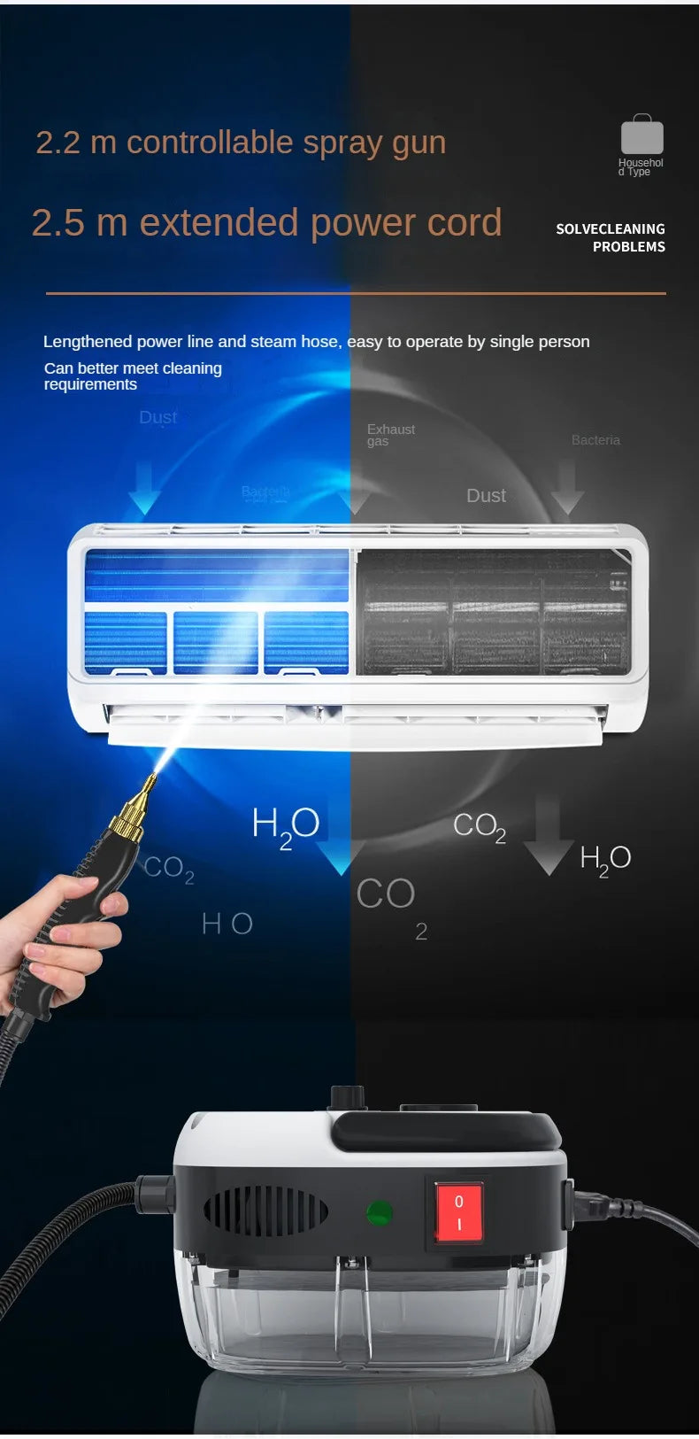 2500W Household High-temperature Steam Cleaner,  Sterilization Air Conditioning Kitchen Hood Home Car Steaming Cleaner 110V 220V