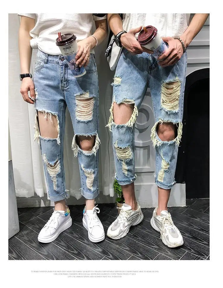 Men Jeans Knee Hole Ripped Stretch Skinny Denim Pants Solid Color  Autumn Summer Hip-Hop Style Slim Fit Trousers 2023 pantalones
