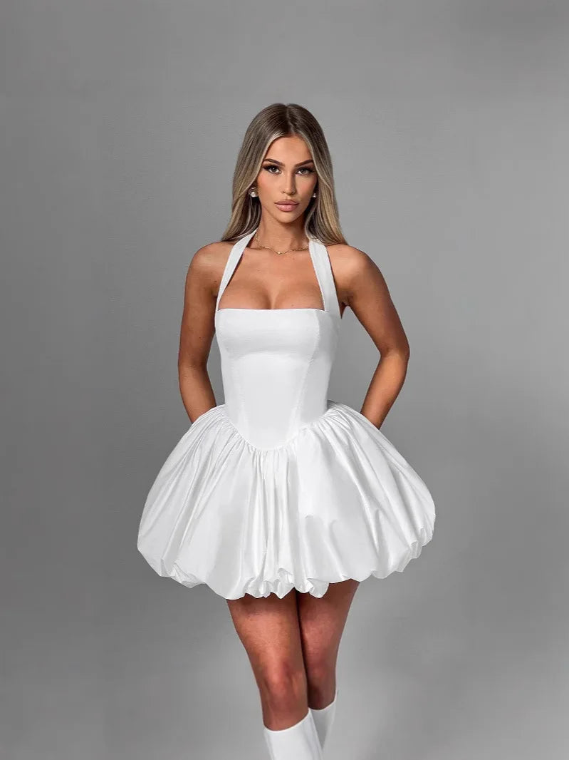 Polka Dot Halter Strapless Dress Women Elegant Sleeveless Backless Waist Cinching Ball Gown Fashion Chic Ladies Evening Dresses