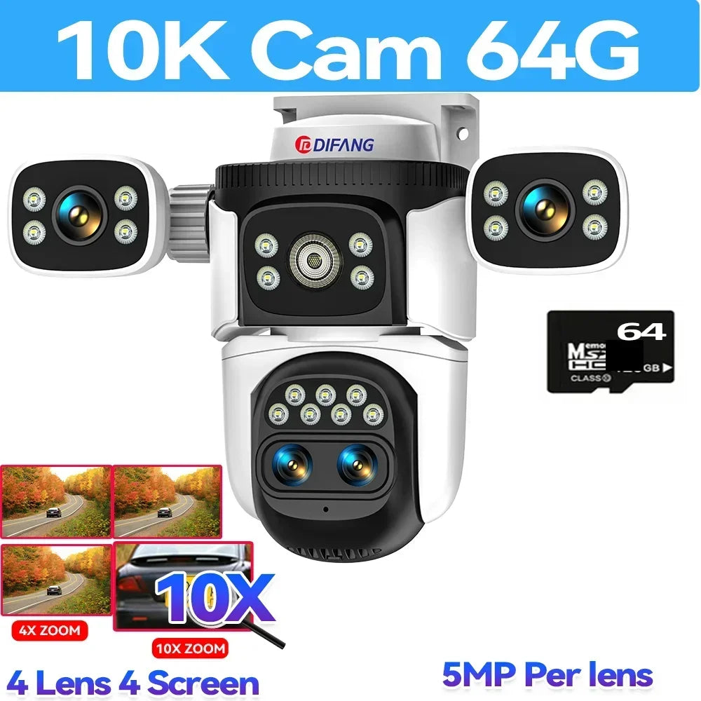 10K 20MP Home Security WiFi Camera Four Len Four Screen 360° PTZ 10X Zoom CCTV Wireless Surveillance IP Cam Security Protection