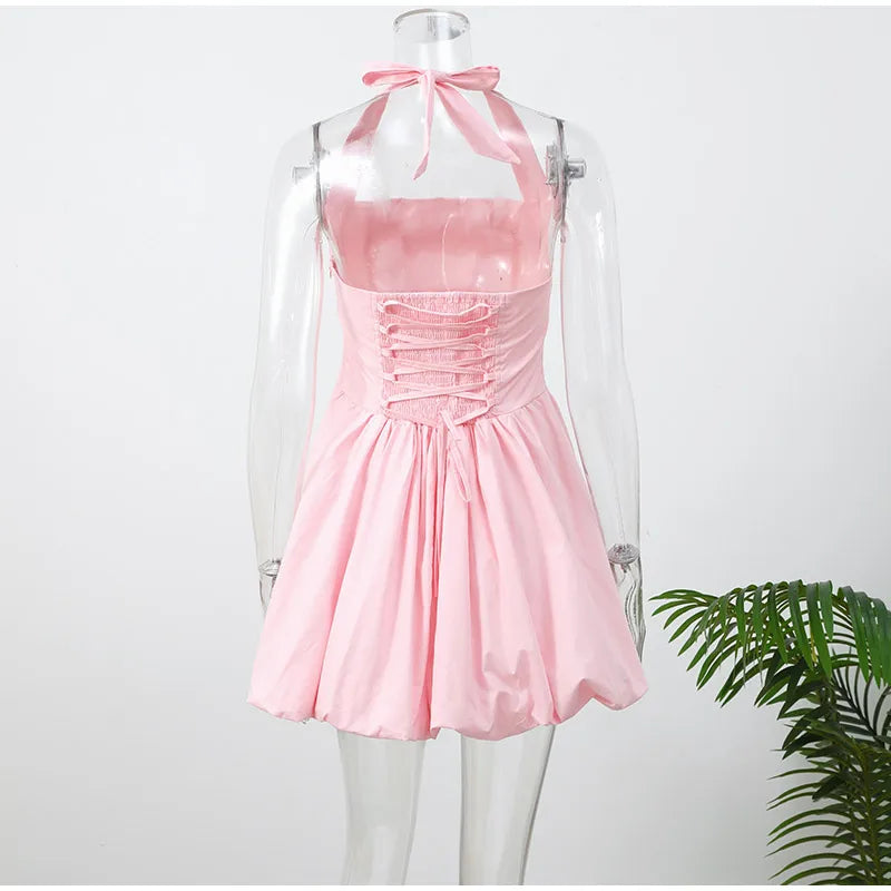 Elegant Pink Backless Pleated Lace-up Halter Mini Dress Women Off Shoulder Sleeve Puff Hem A-line Dresses Summer Lady Partywear