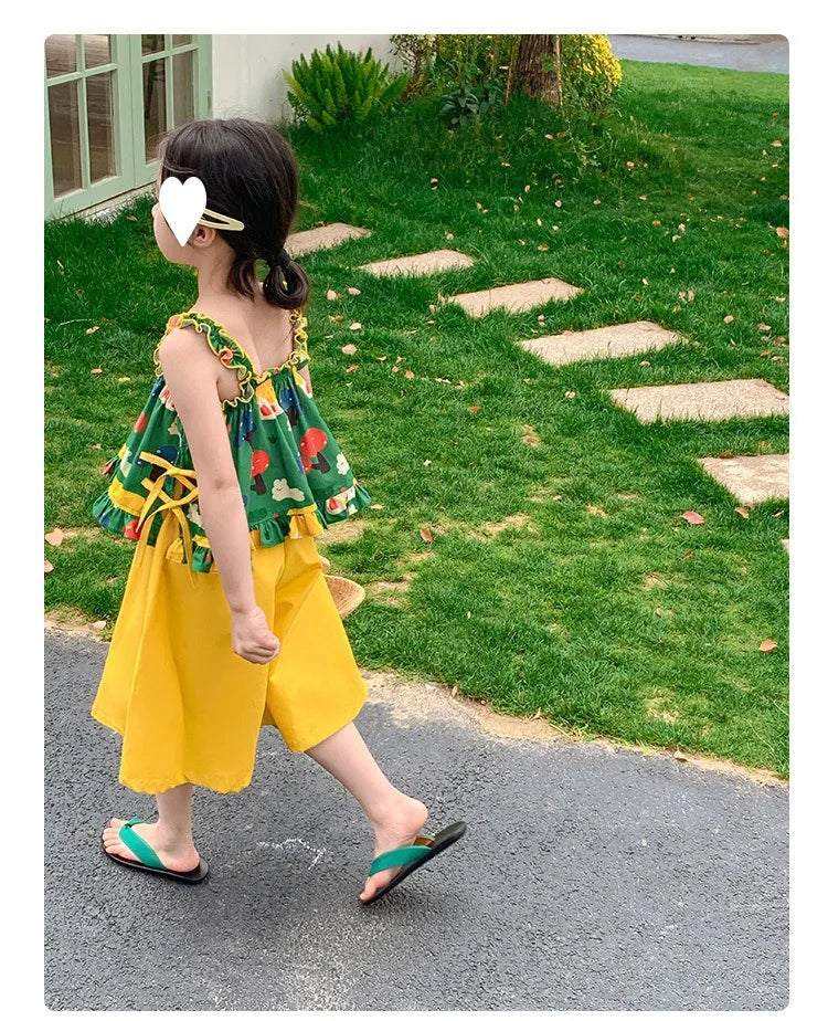 Children's Clothing Sets Cartoon Print Halter Top + Wide-leg Pants 2pcs Toddler Clothes for 2 To 7years Kids Boutique Clothes