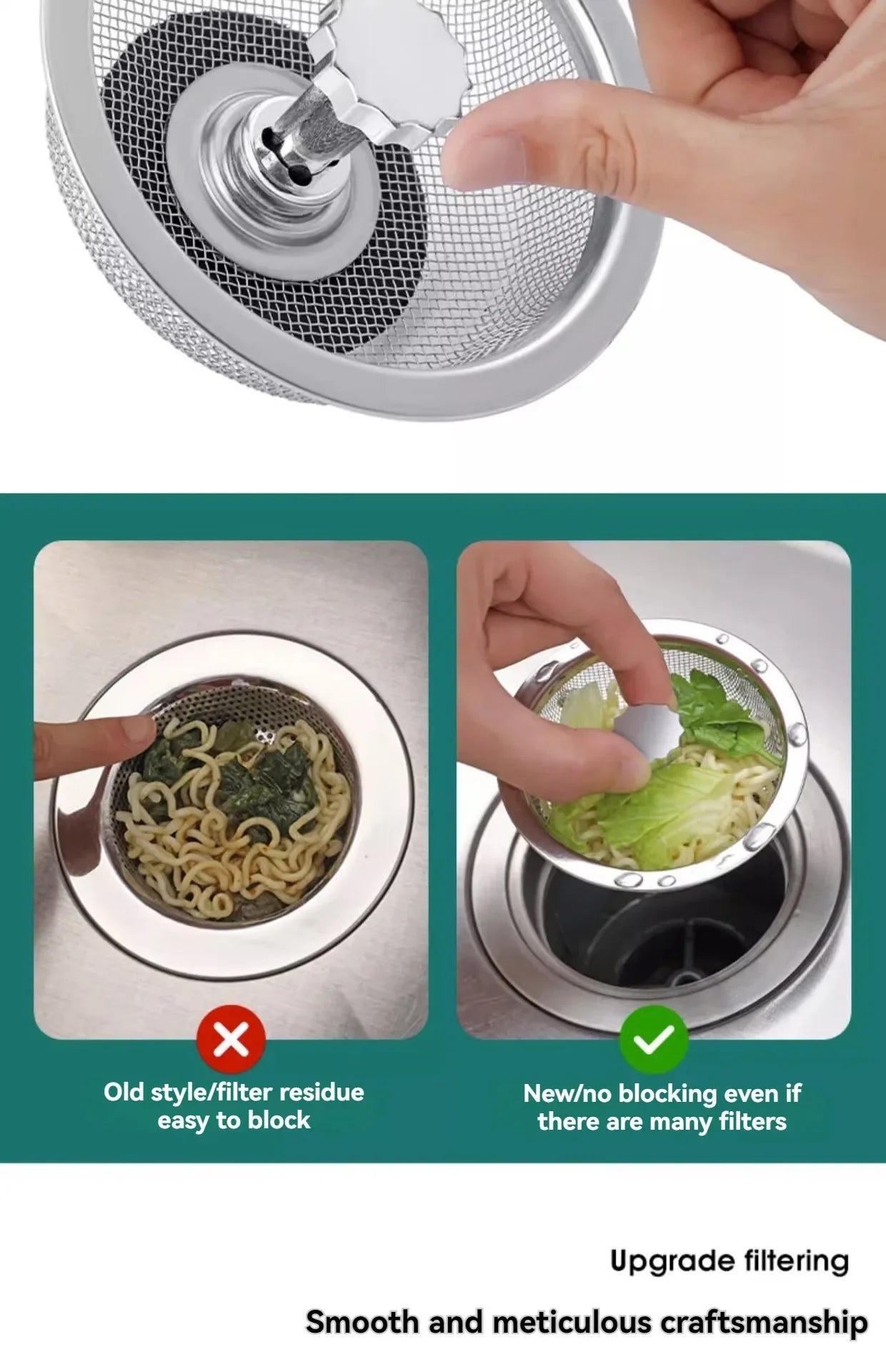 2Set Kitchen Sink Strainer With Handle & Stopper Replacement Drain Basket Stainless Steel Mesh Filter Waste Hole