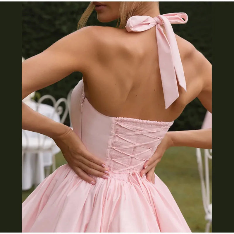 Elegant Pink Halter Pleated Mini Dress Women Lace-up Backless Off Shoulder Puff Hem A-line Short Gowns Summer Lady Party Robe