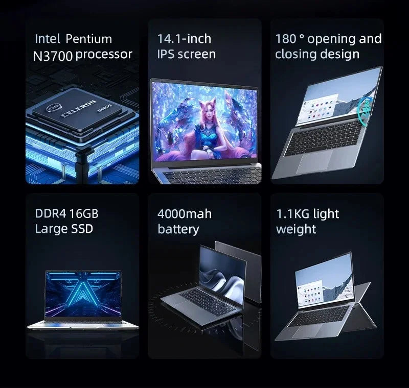Ultra Slim Laptop 14.1" 16GB RAM 1TB SSD Intel N3700 Notebook Gamer  1920*1080  Display Office Study Computer PC Windows 11 Pro