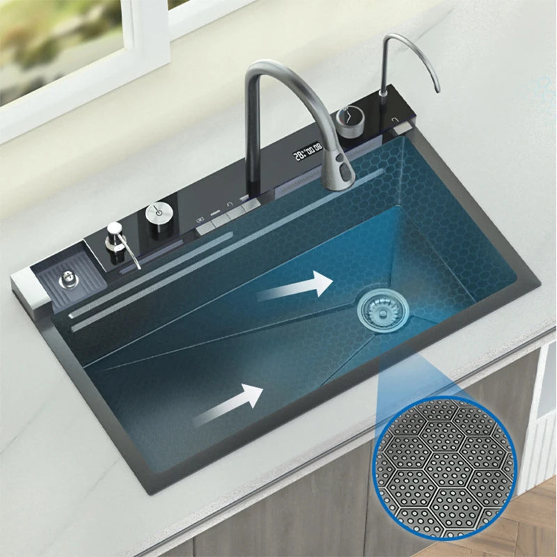 Nano Multifunctional Kitchen Sink Large Single Slot Integrated Digital Display Waterfall Faucet Soap Dispenser Cup Washer Pure
