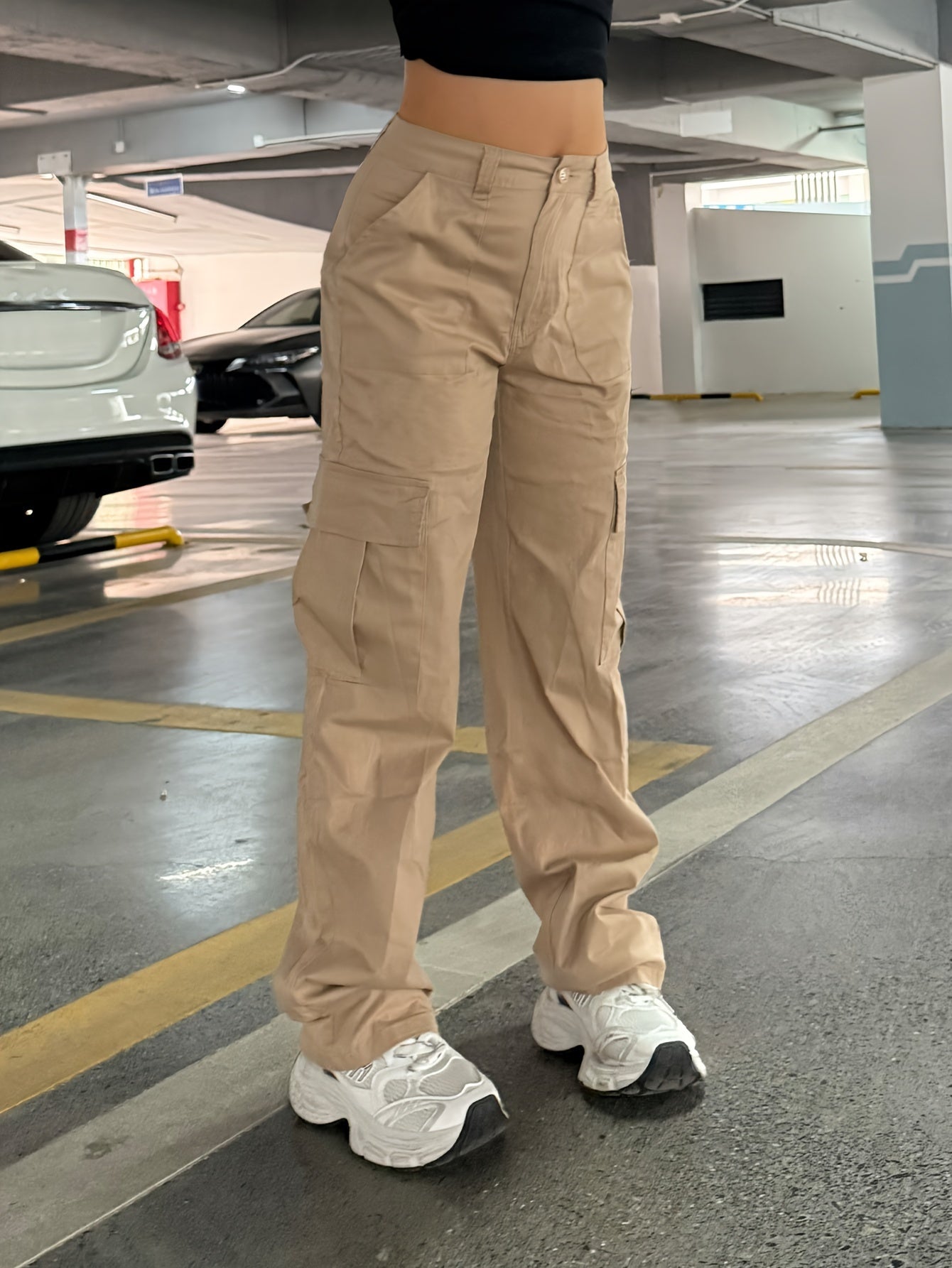 Stylish Y2K Khaki Cargo Denim Pants - Women Jeans - Fashionable Retro High Waist Straight Leg, Loose Fit, Large Pockets, Casual Street Hip-hop Style, Comfortable Wear for Daily Life