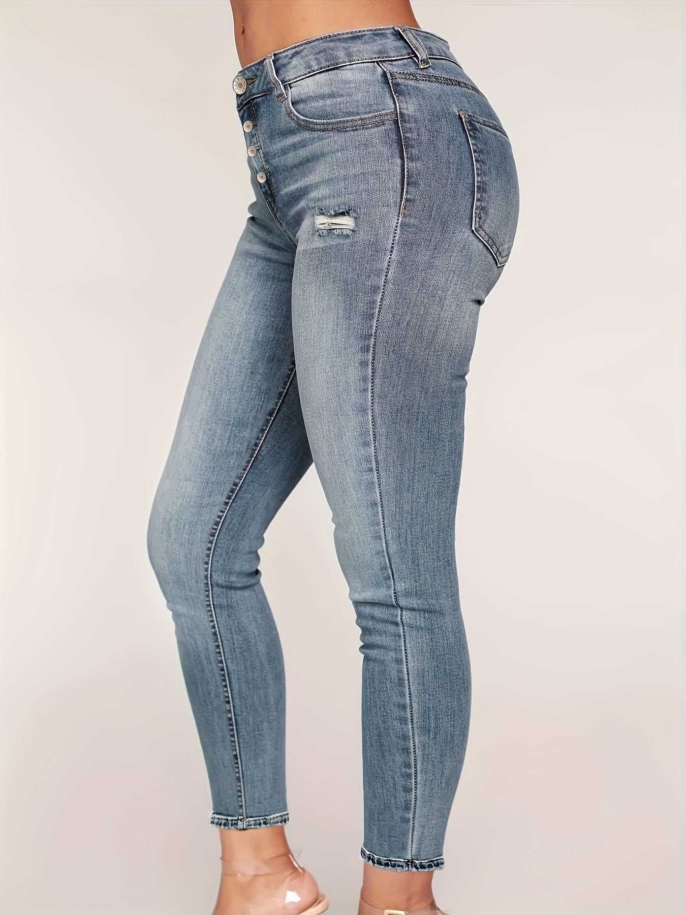 Stretchy Slim Fit Ladies' High-Waisted Denim Jeans - European and American Style, Cross-Border Fashion, Elastic Waistband, Five-Pocket Design, Comfortable and Versatile - Women Jeans