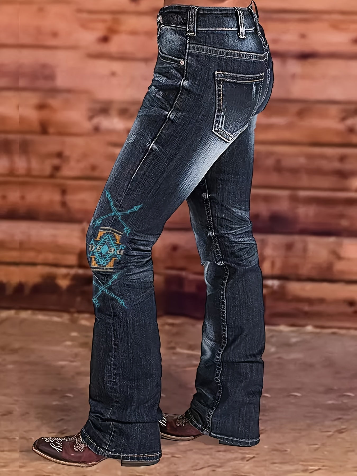 Stylish High-Waisted Cowboy Jeans - Women Jeans with Embroidered Flap Pockets, Stretchy Four-Season Cotton Blend, Casual Straight Leg Fit, Comfortable and Versatile for Daily Wear