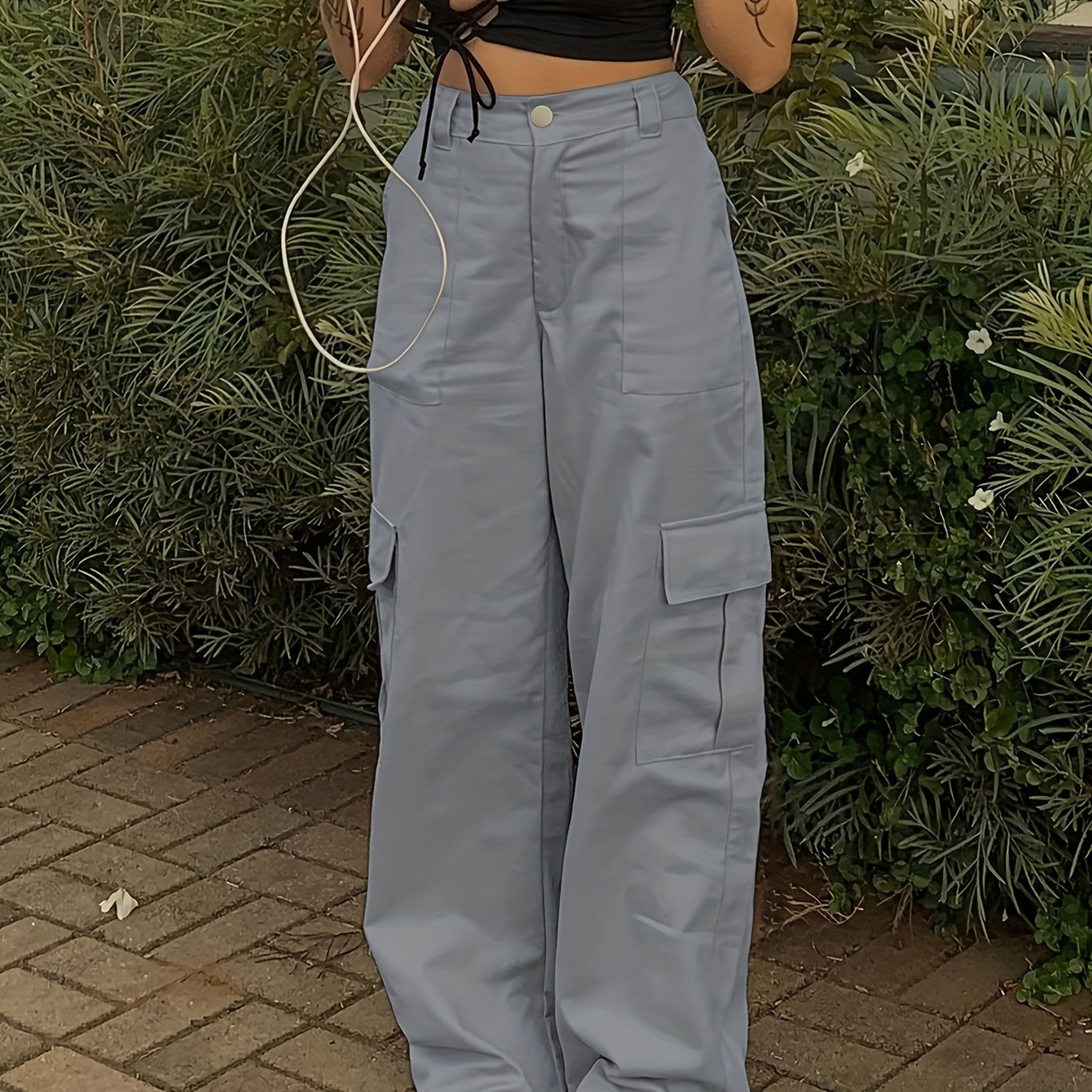 Stylish Y2K Khaki Cargo Denim Pants - Women Jeans - Fashionable Retro High Waist Straight Leg, Loose Fit, Large Pockets, Casual Street Hip-hop Style, Comfortable Wear for Daily Life