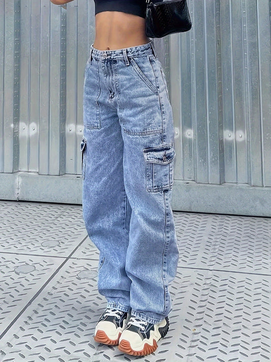 Stylish Loose Fit Cargo Denim Pants - Women Jeans with Side Flap Pocket, Streetwear Design, Comfortable and Fashionable for Fall Season, Casual Wear