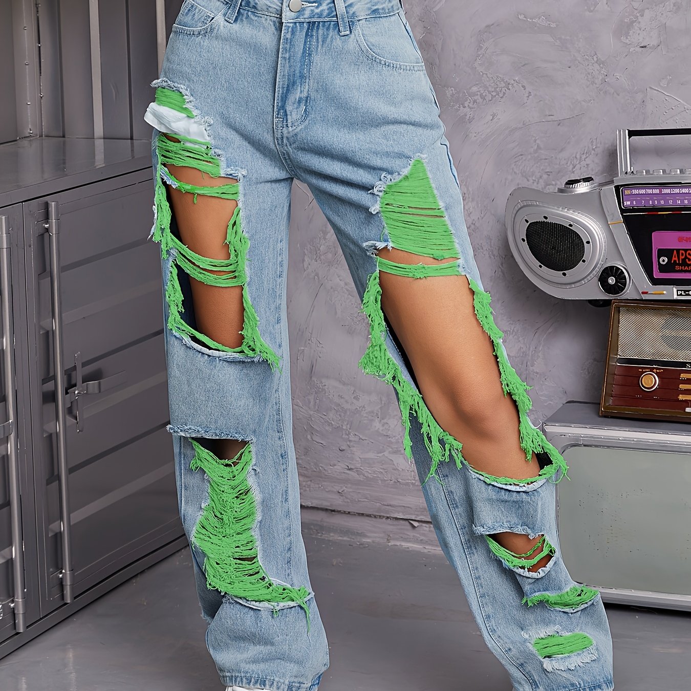 Vintage Chic High Waist Distressed Ripped Jeans - Women Jeans - Loose Fit, Streetwear Fashion, Light Blue Wash, Casual Trousers with Pockets, Comfortable and Stylish Denim Pants for Everyday Wear