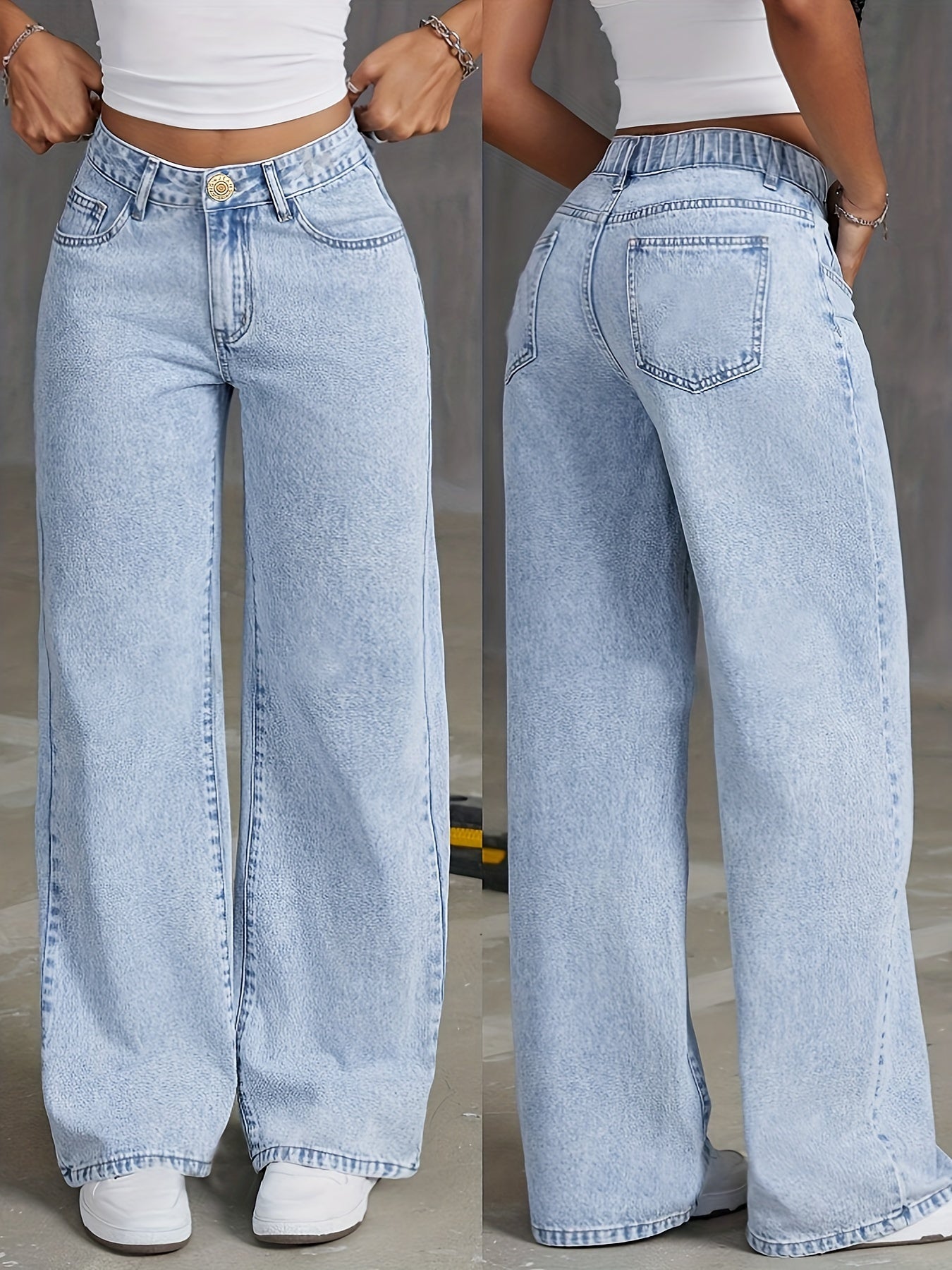 Classic High-Waisted Wide Leg Jeans - Women Jeans, Cotton Blend, Polyester, Viscose, Machine Washable, No Stretch, Solid Color, Four Seasons, Zipper Closure, Casual Outwear