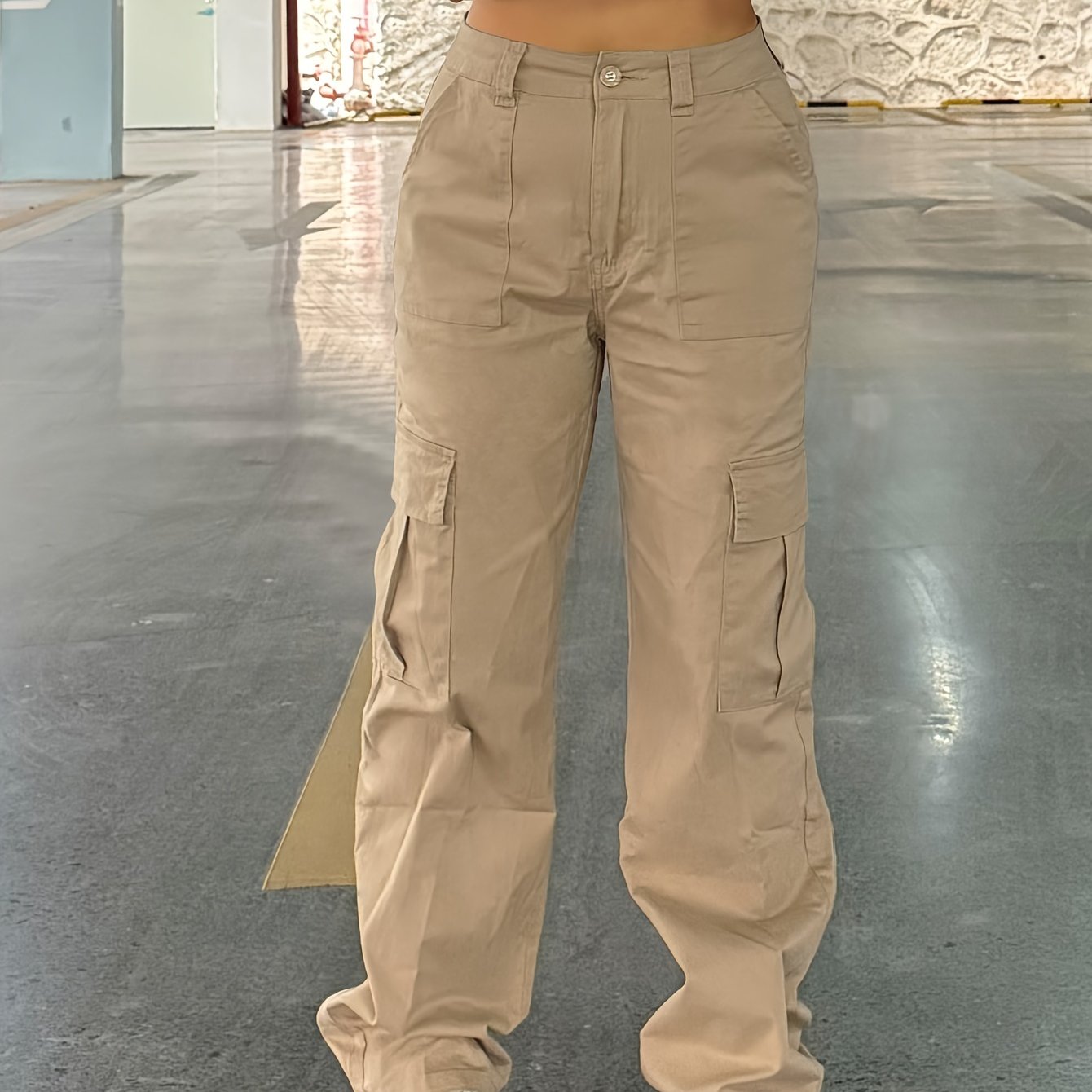 Stylish Y2K Khaki Cargo Denim Pants - Women Jeans - Fashionable Retro High Waist Straight Leg, Loose Fit, Large Pockets, Casual Street Hip-hop Style, Comfortable Wear for Daily Life