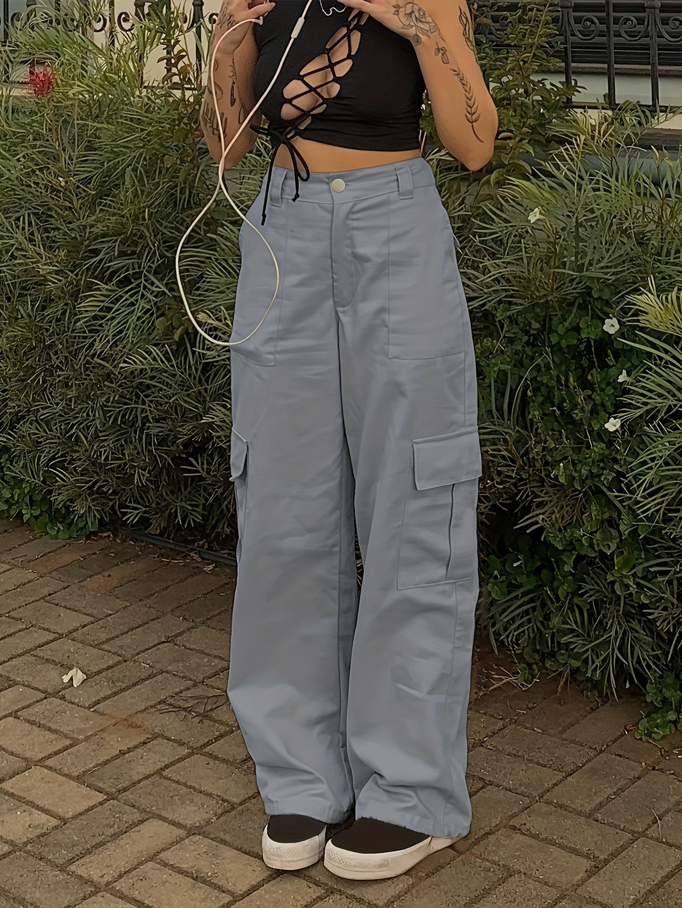 Stylish Y2K Khaki Cargo Denim Pants - Women Jeans - Fashionable Retro High Waist Straight Leg, Loose Fit, Large Pockets, Casual Street Hip-hop Style, Comfortable Wear for Daily Life
