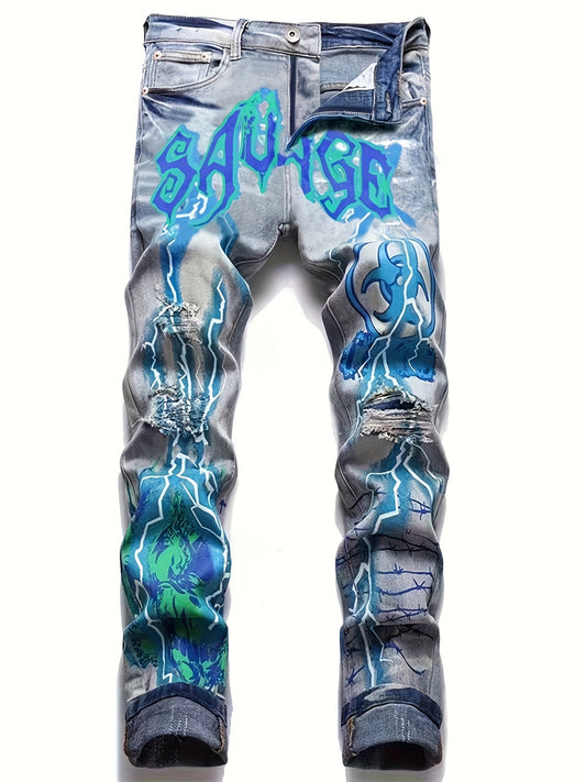 Trendy Distressed Jeans - European and American Inspired Printed Graffiti Style, Washed and Faded, Fashionable Ripped Knee, Stretchy Denim, Casual Wear for Women - Jeans