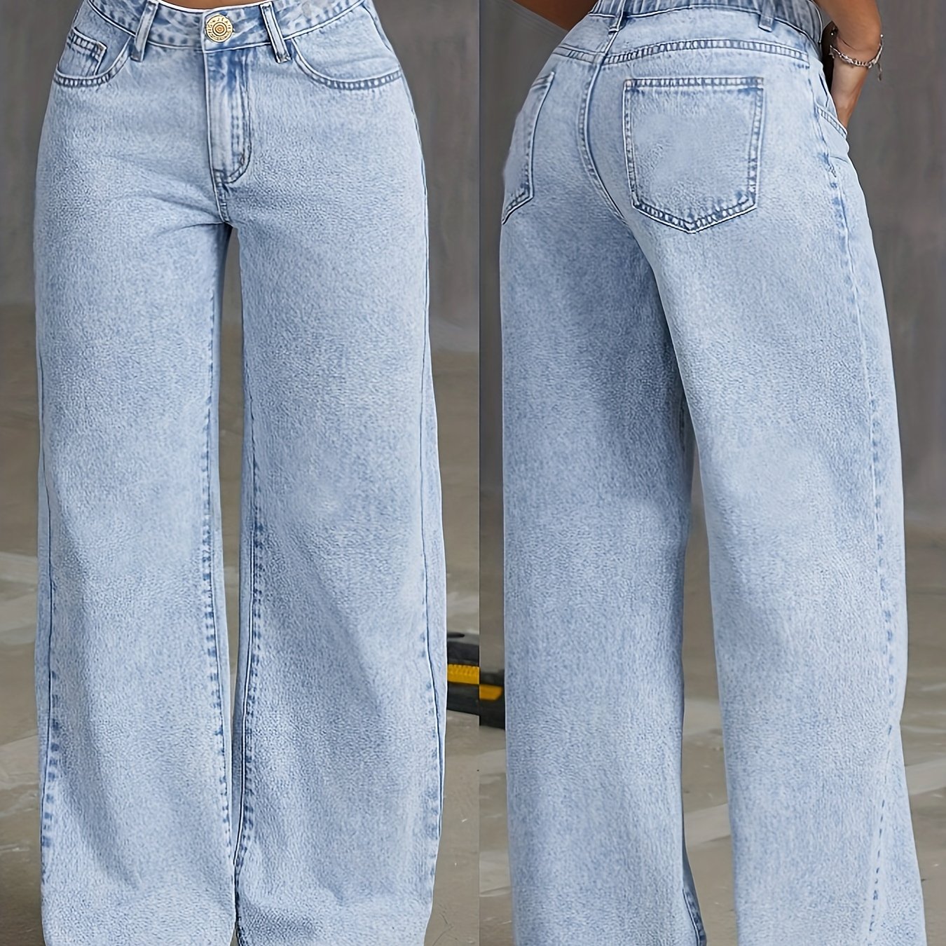 Classic High-Waisted Wide Leg Jeans - Women Jeans, Cotton Blend, Polyester, Viscose, Machine Washable, No Stretch, Solid Color, Four Seasons, Zipper Closure, Casual Outwear