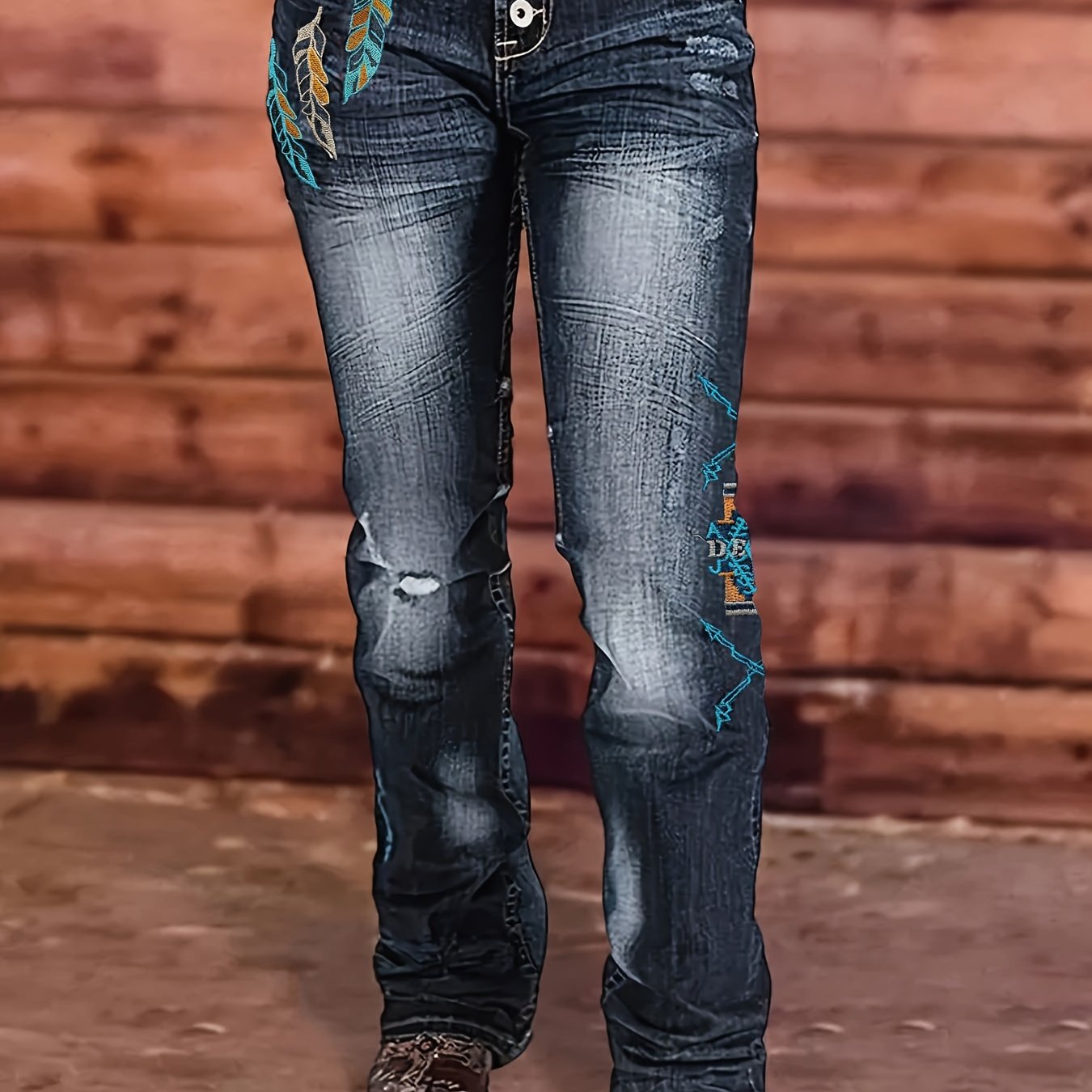 Stylish High-Waisted Cowboy Jeans - Women Jeans with Embroidered Flap Pockets, Stretchy Four-Season Cotton Blend, Casual Straight Leg Fit, Comfortable and Versatile for Daily Wear