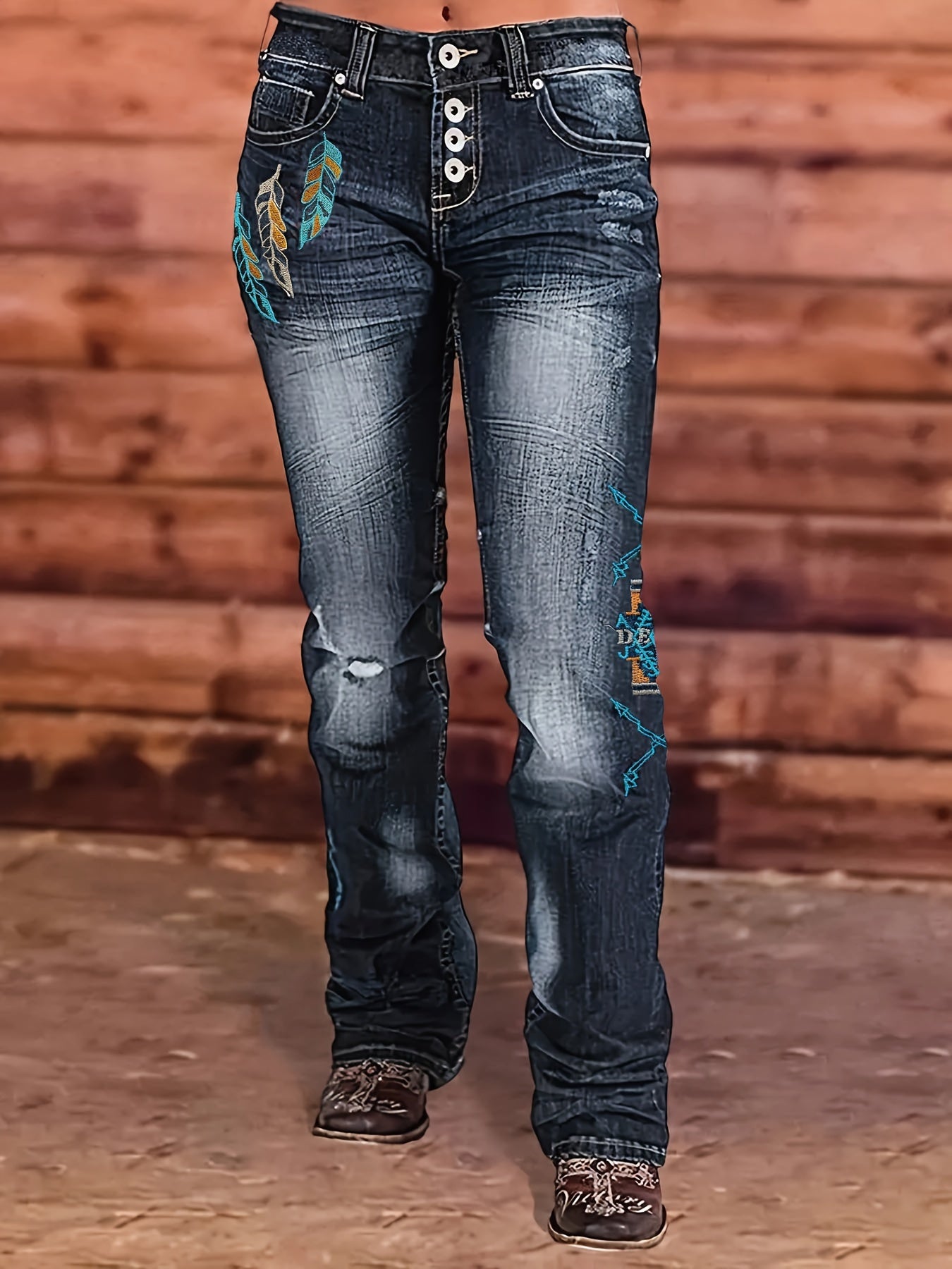 Stylish High-Waisted Cowboy Jeans - Women Jeans with Embroidered Flap Pockets, Stretchy Four-Season Cotton Blend, Casual Straight Leg Fit, Comfortable and Versatile for Daily Wear